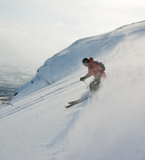 Off-piste skiing in northern Sweden. Nuolja, Abisko, Lappland, Sweden.