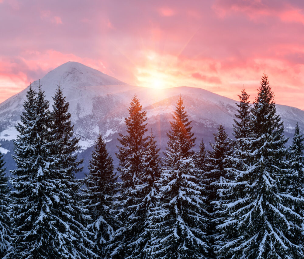 Coucher de soleil, hiver, montagne